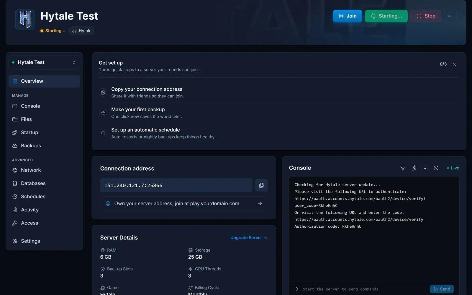 Hytale server connection card showing the server address