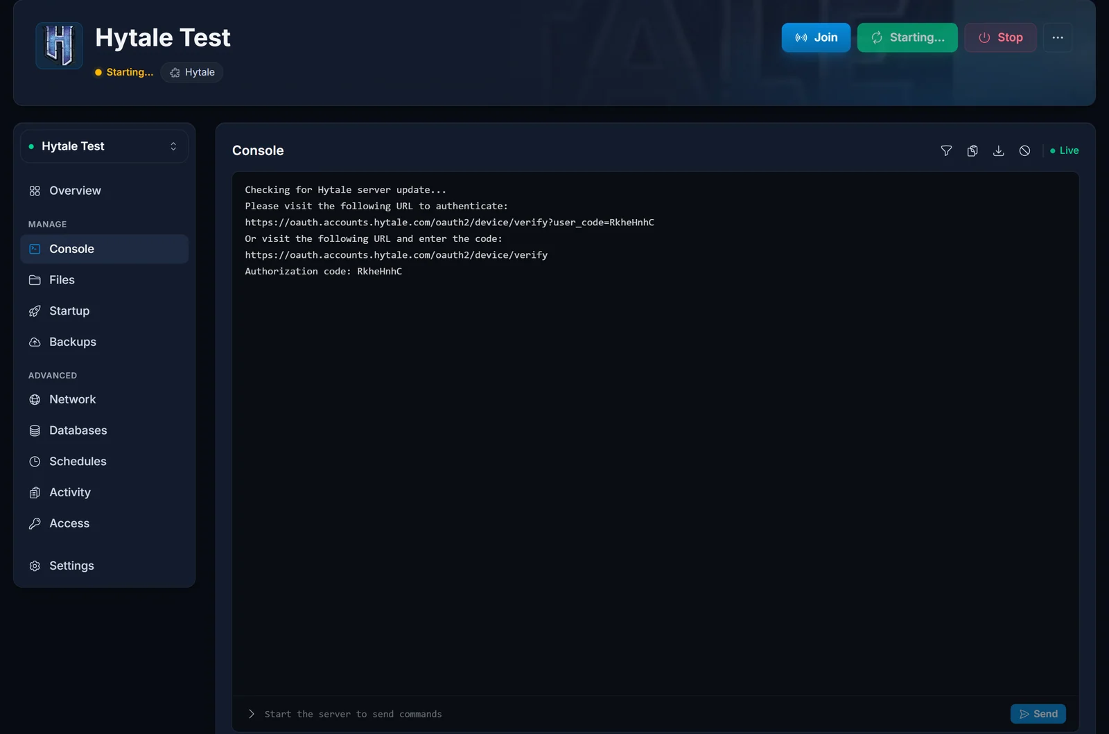 Hytale server console showing the one-time Hytale account authentication prompt