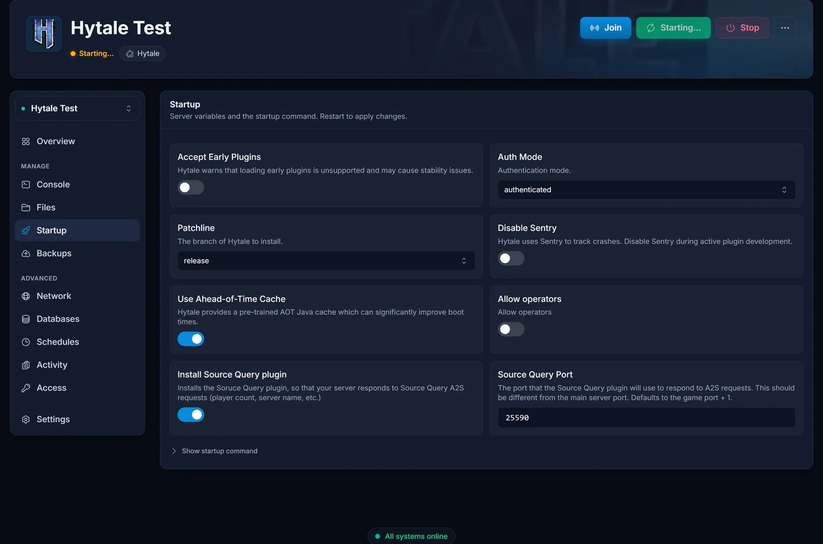 Hytale server startup settings in the DoomHosting panel