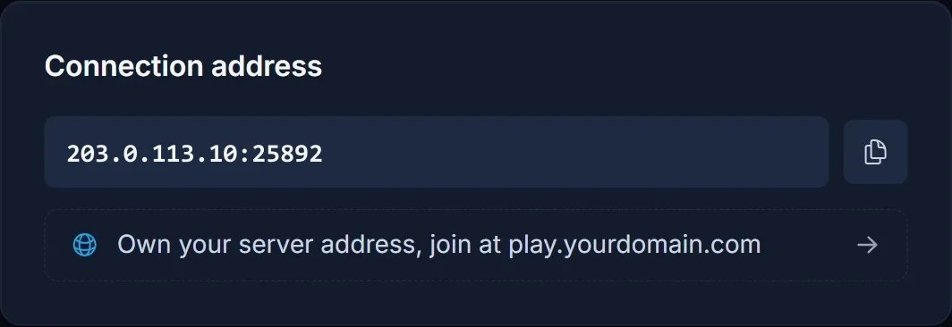 Medal of Honor: Allied Assault -palvelimen Connection address -kortti DoomHosting-paneelissa