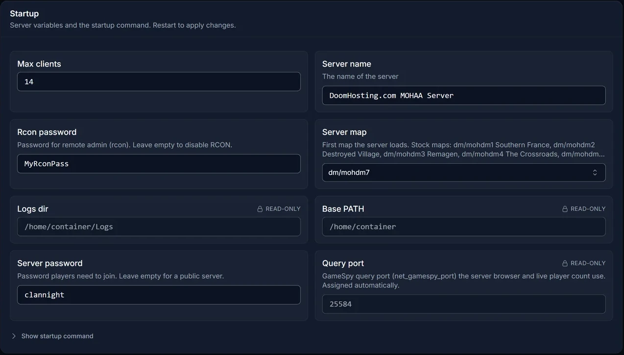 Medal of Honor: Allied Assault -palvelimen Startup-välilehti, jossa Server password on clannight