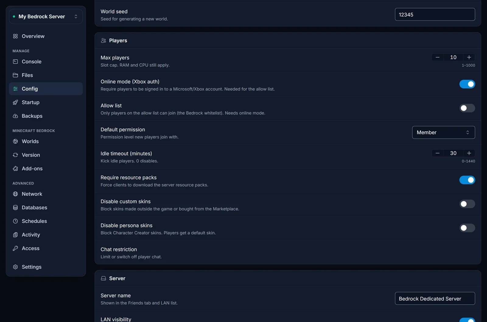 The Players section of the Config tab with the Allow list toggle on a Minecraft Bedrock server