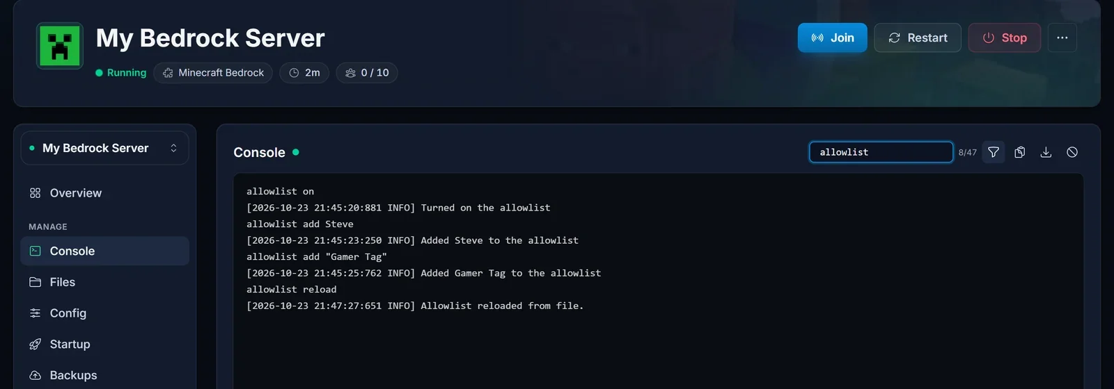 The Console tab showing allowlist commands and their replies on a Minecraft Bedrock server