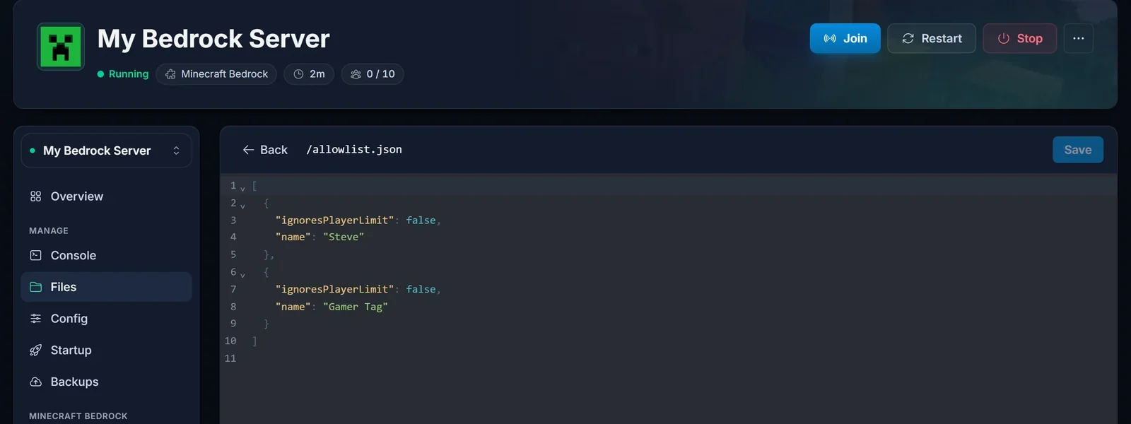 allowlist.json open in the file editor of the DoomHosting panel