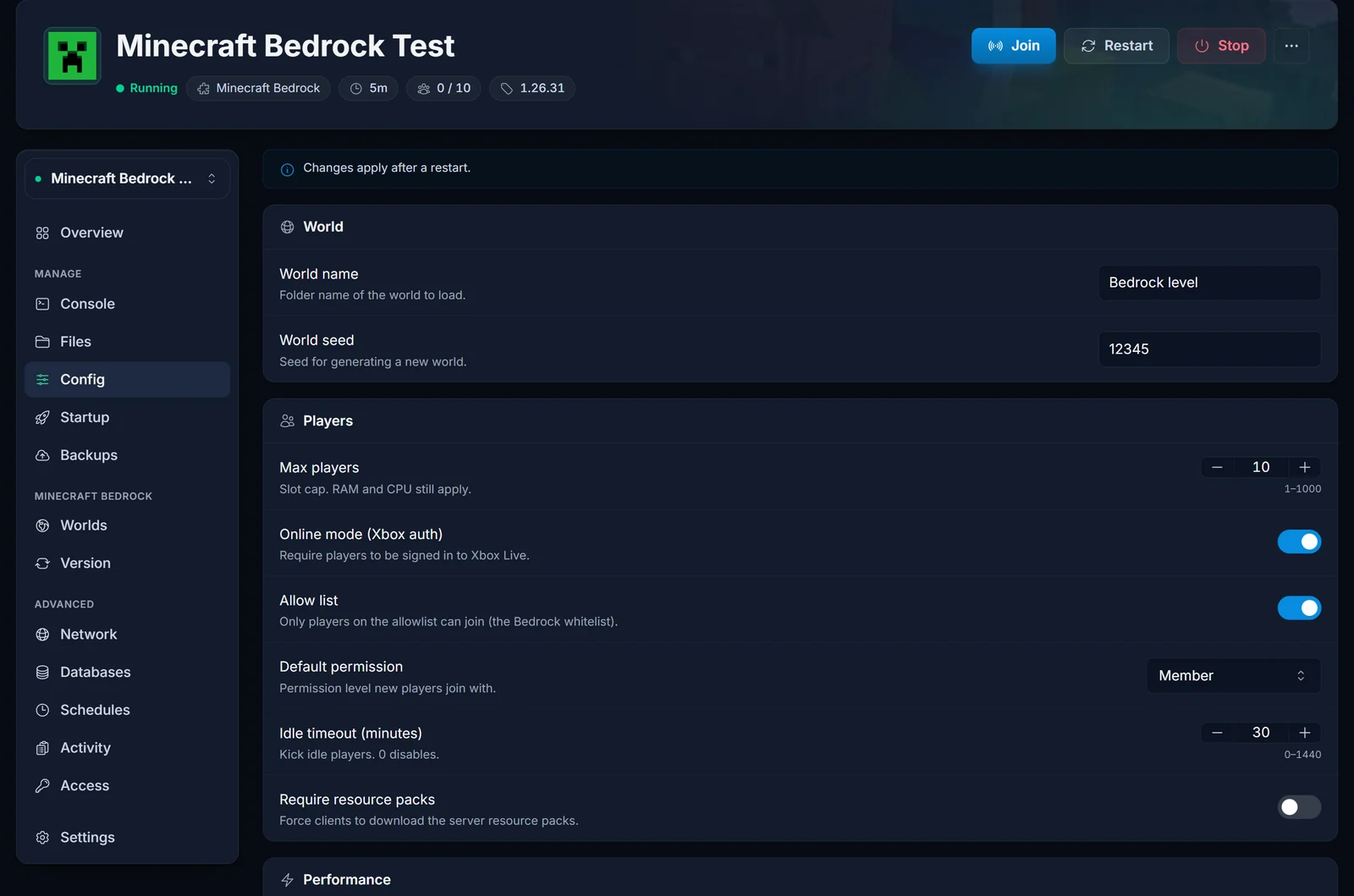 Players-afsnittet i Config-fanen med indstillingen for standard permission level