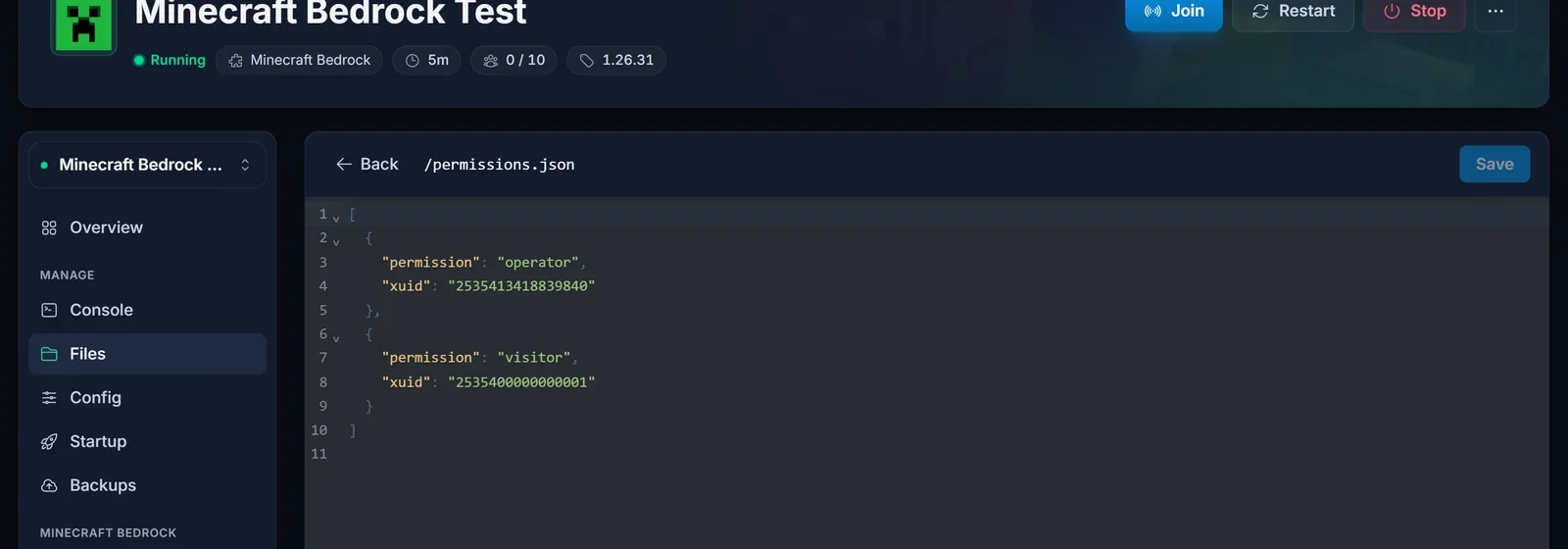 Redigering af permissions.json i DoomHosting-panelets filhåndtering