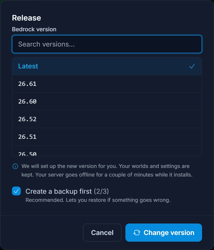 The Bedrock version picker with Latest selected and the backup option ticked
