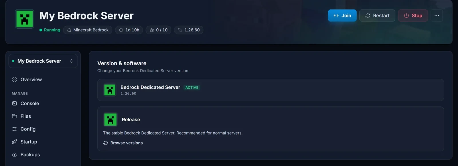 The Version tab on a Minecraft Bedrock server, showing the active Bedrock Dedicated Server version and the Release card