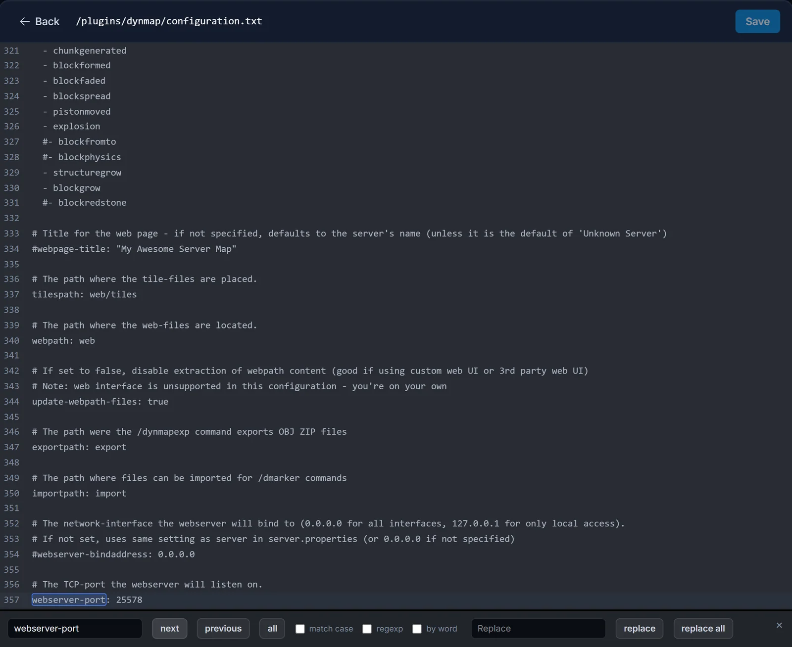 Files-editori auki tiedostossa plugins dynmap configuration.txt, jossa webserver-port-rivi on asetettu varattuun porttiin