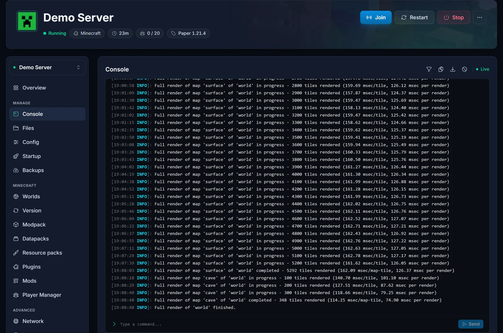 Panelin Console-välilehti, jossa ajetaan dynmap fullrender world ja renderöinnin eteneminen vierii ruudulla
