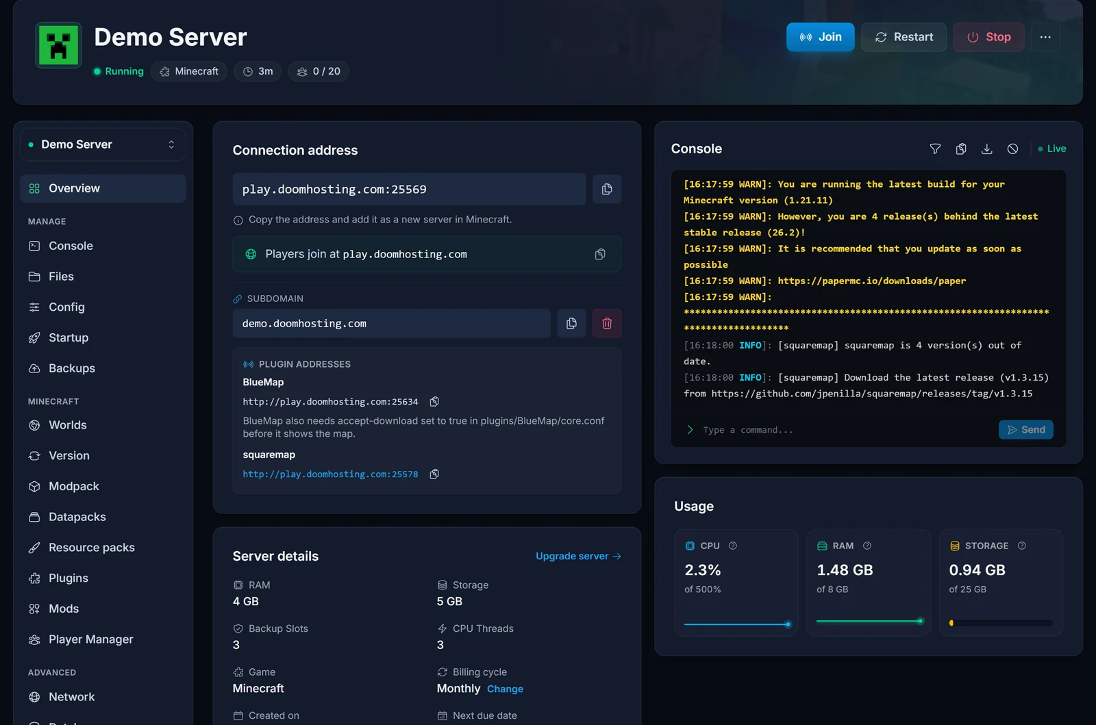 La carte Adresse de connexion dans le panneau, avec l'adresse et le port du serveur
