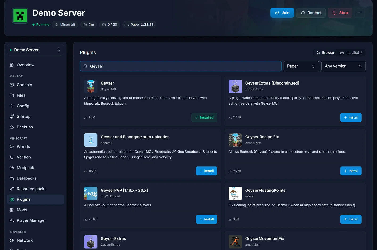 L'onglet Plugins avec une recherche sur Geyser, où Geyser apparaît comme Installé