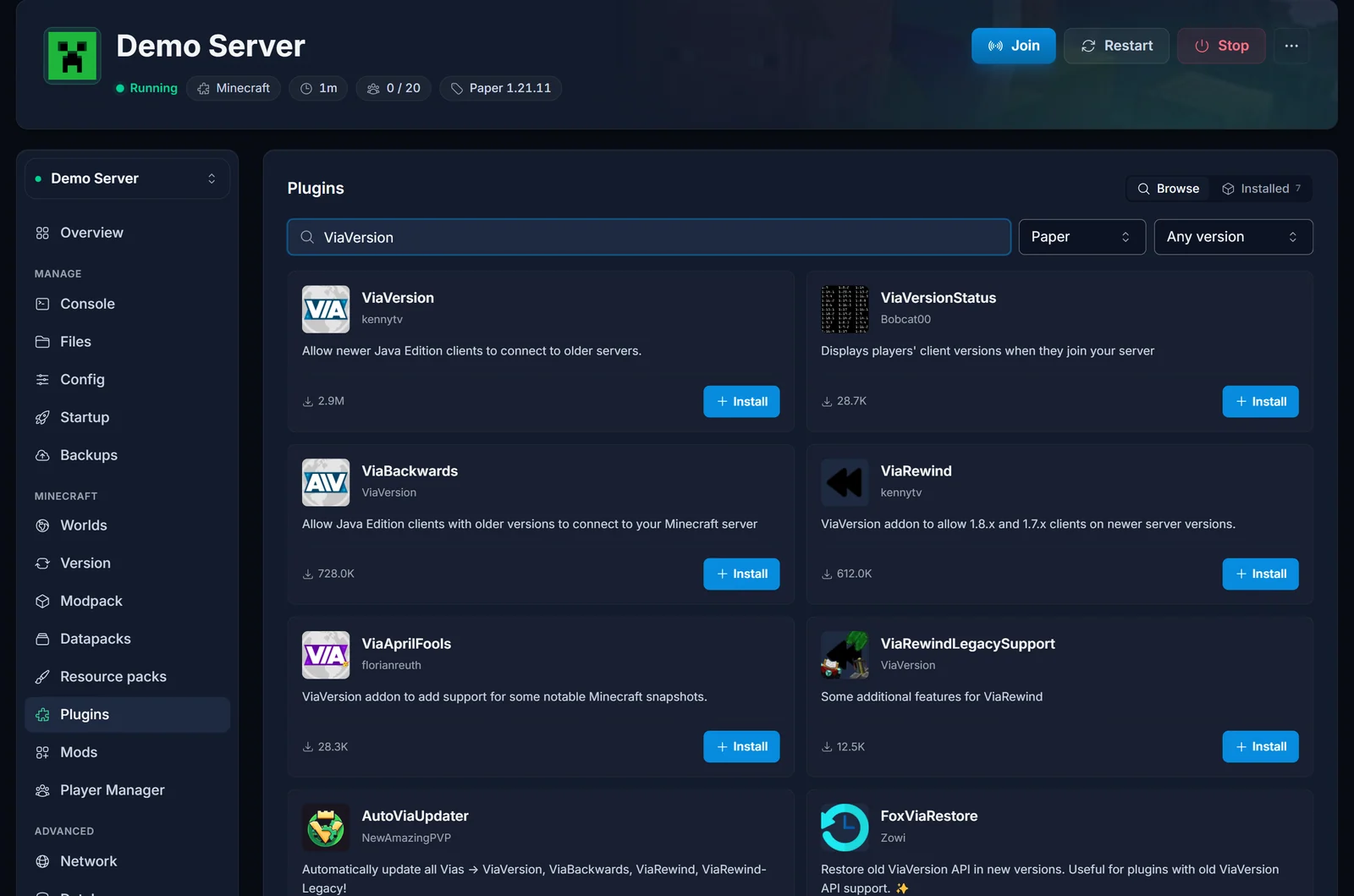 L'onglet Plugins avec une recherche sur ViaVersion, montrant ViaVersion et ViaBackwards
