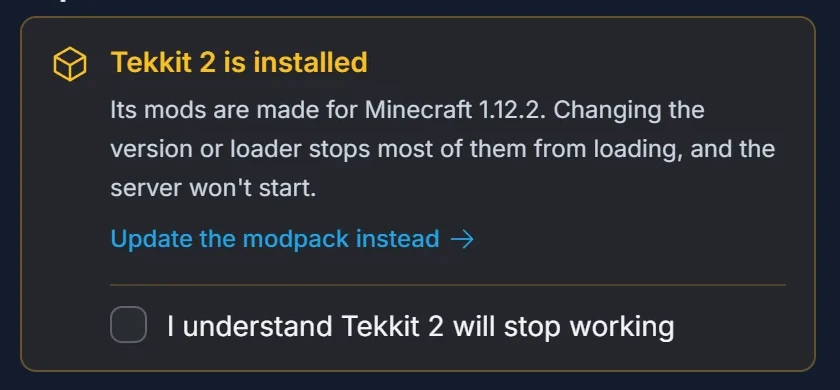 The warning in the version dialog when a modpack is installed, with a link to update the modpack instead