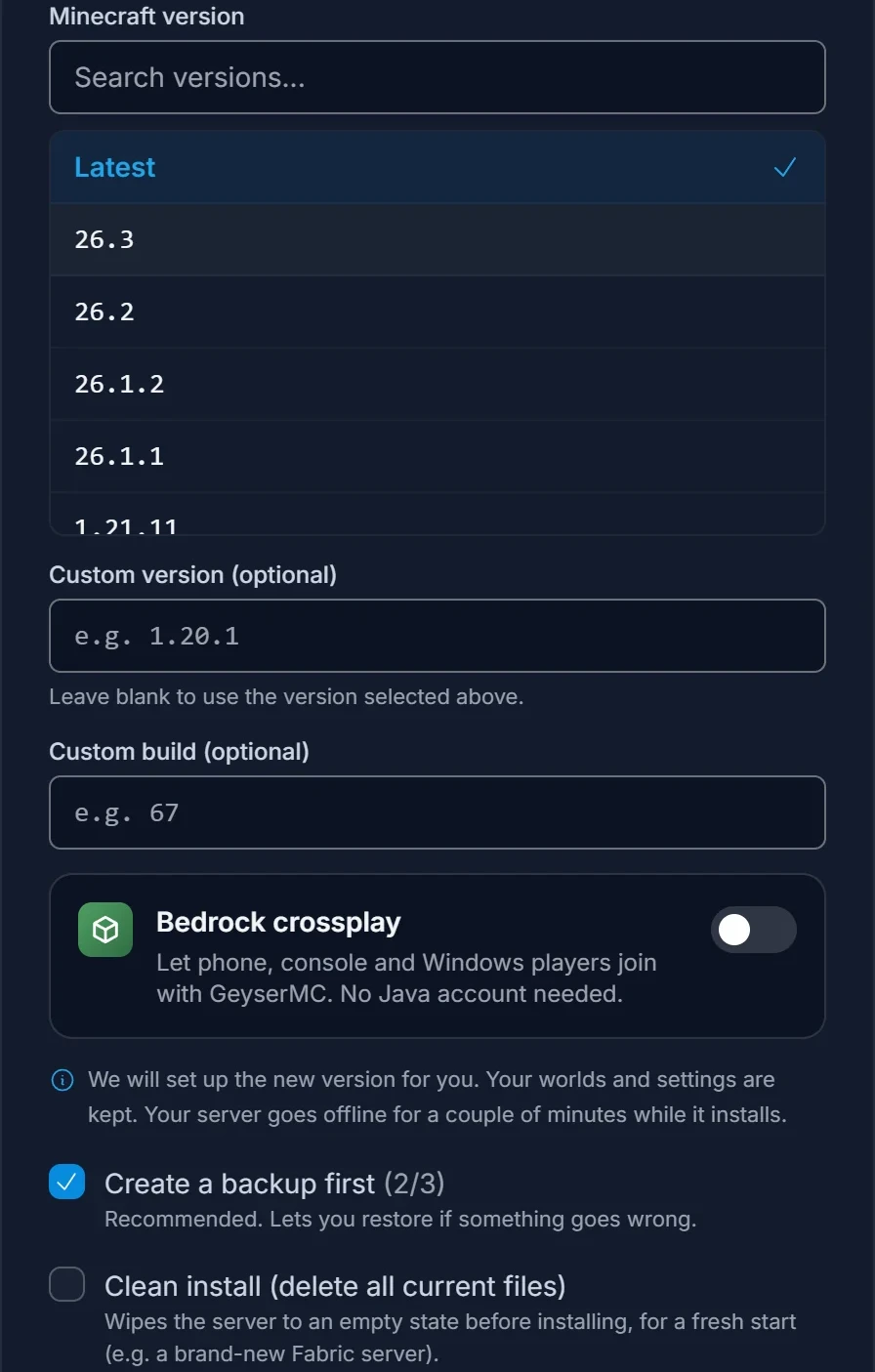 The version picker on a Java server: the Minecraft version list, custom version fields, the Bedrock crossplay switch and the backup option