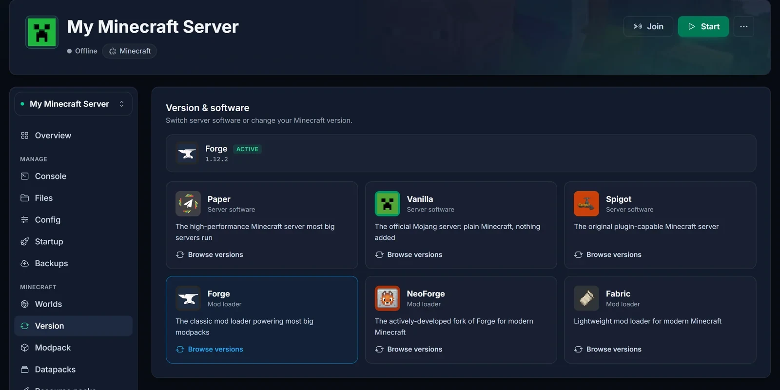 The Version tab on a Minecraft Java server, with the active software at the top and a card for each server software and mod loader