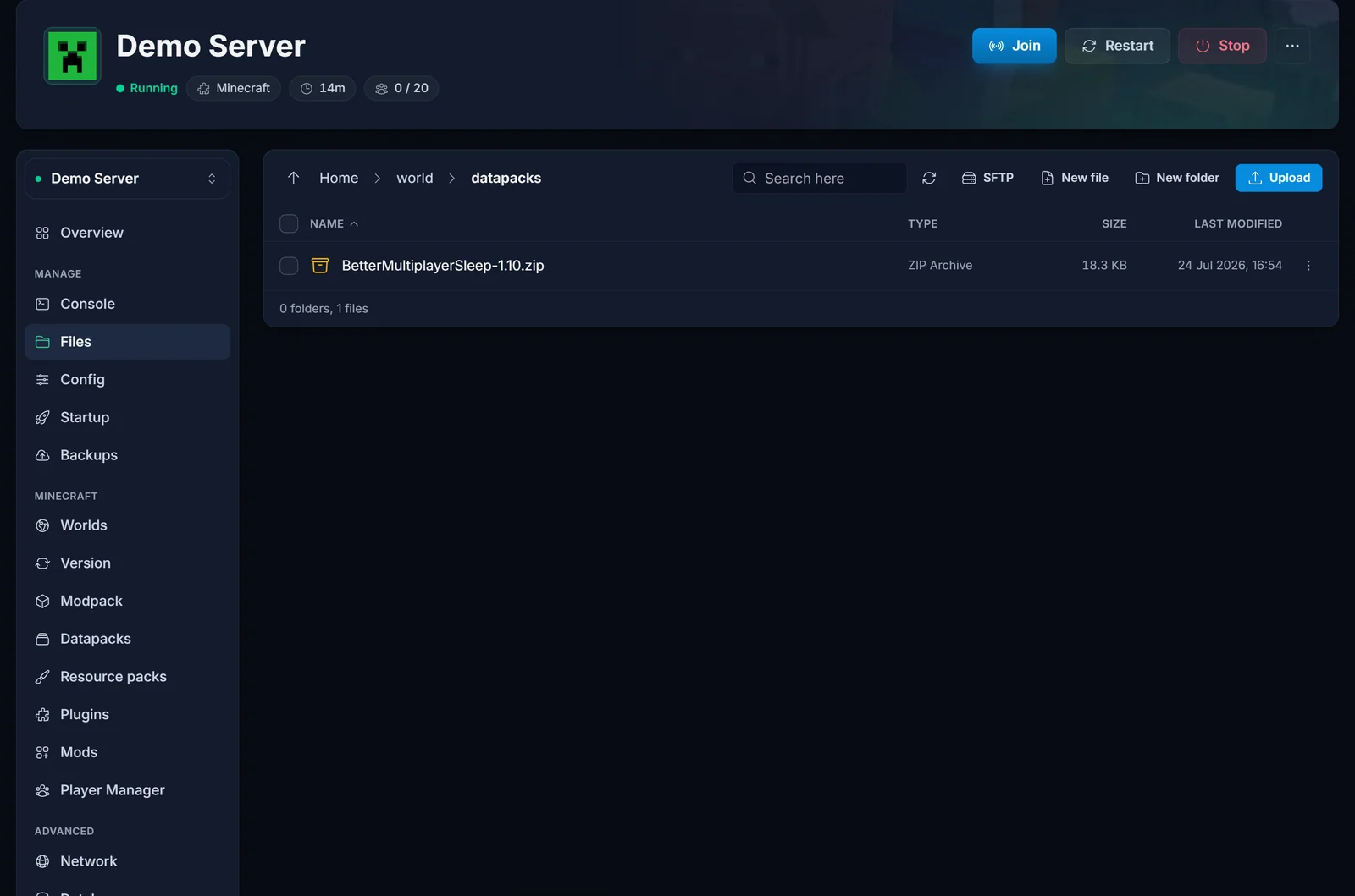 File Manager som visar mappen world datapacks med en installerad datapack-zip