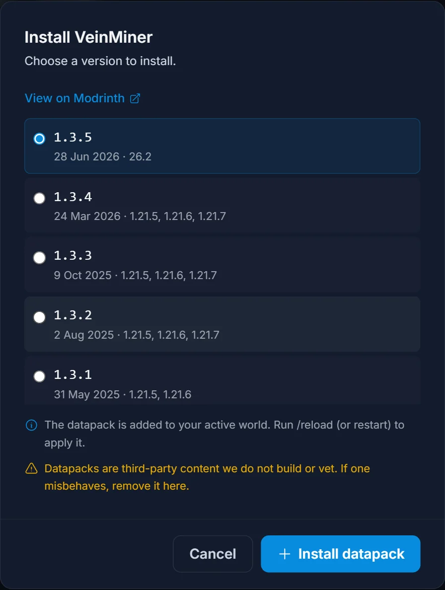 Installationsdialogen för en datapack som visar en version att installera