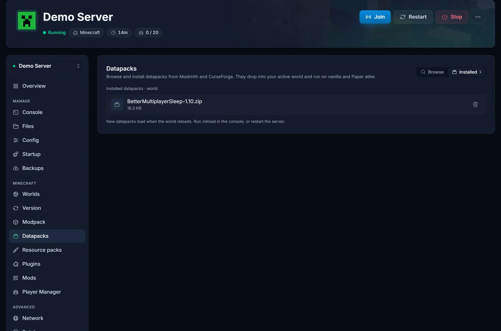 Installed-vyn av fliken Datapacks som visar en datapack tillämpad på den aktiva världen
