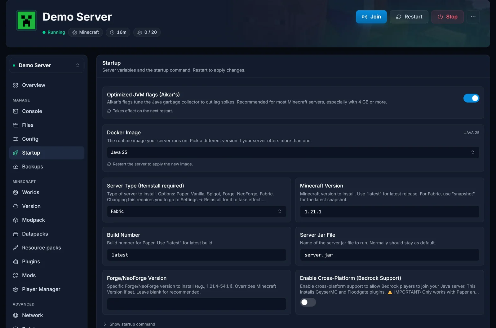 Startup-fanen i DoomHosting-panelet med Optimized JVM flags slået til