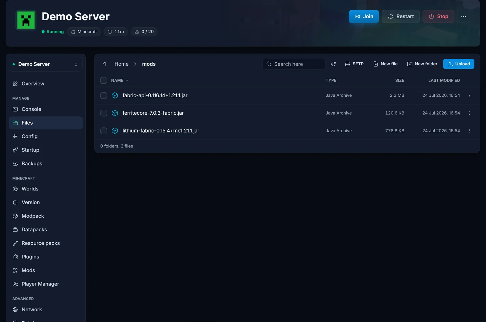 File Manager som visar mods-mappen med installerade jar-filer