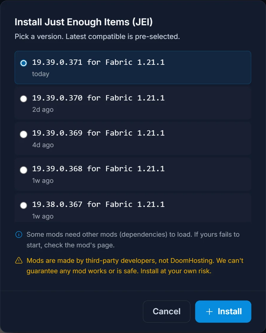 Installationsdialogen för en mod som visar en versionslista