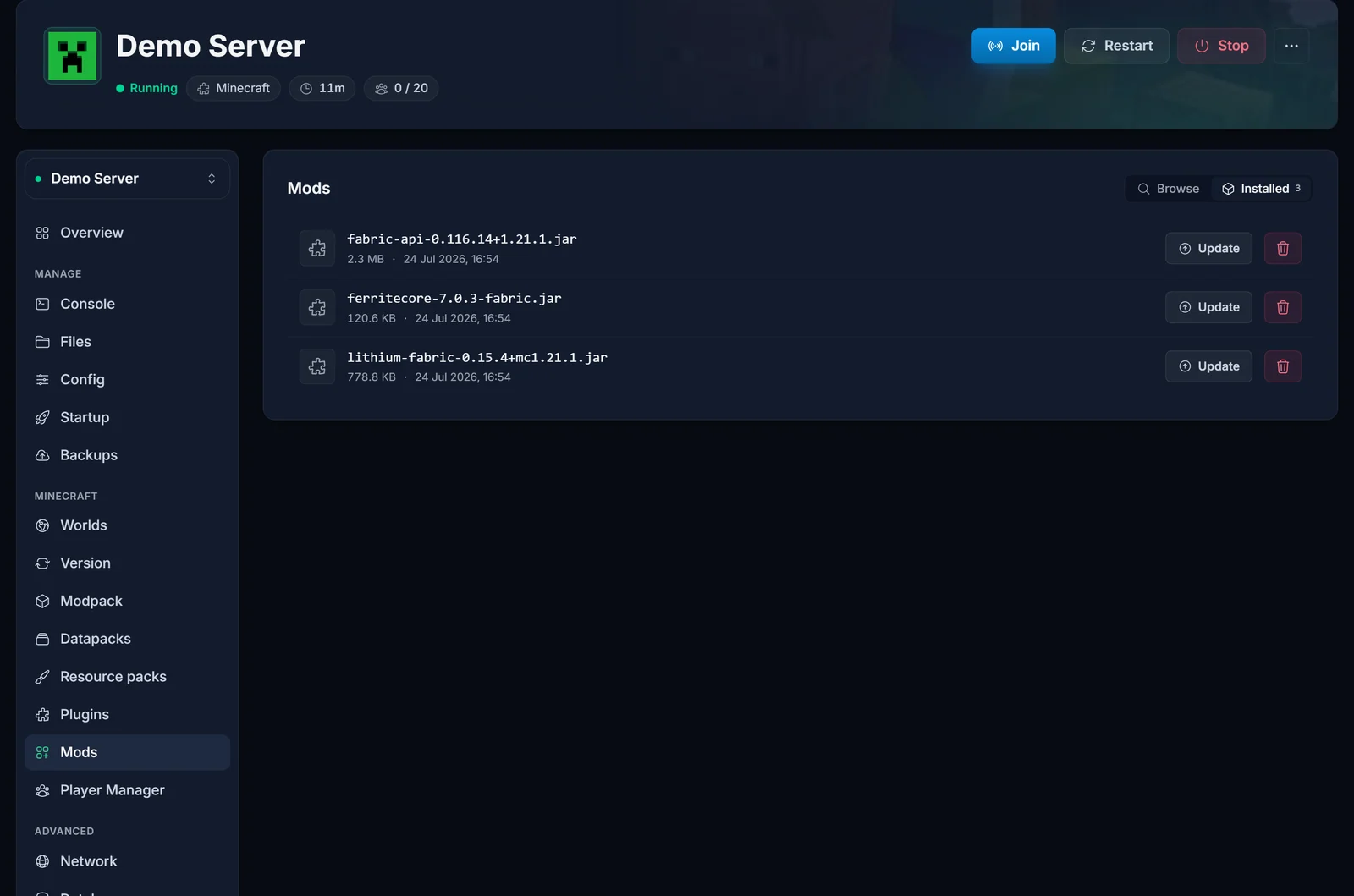 Installed-vyn i Mods-fliken som listar Fabric API, Lithium och FerriteCore