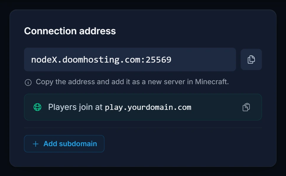 Connection address -kortti Overview-välilehdellä ja Add subdomain -painike palvelimen osoitteen alla