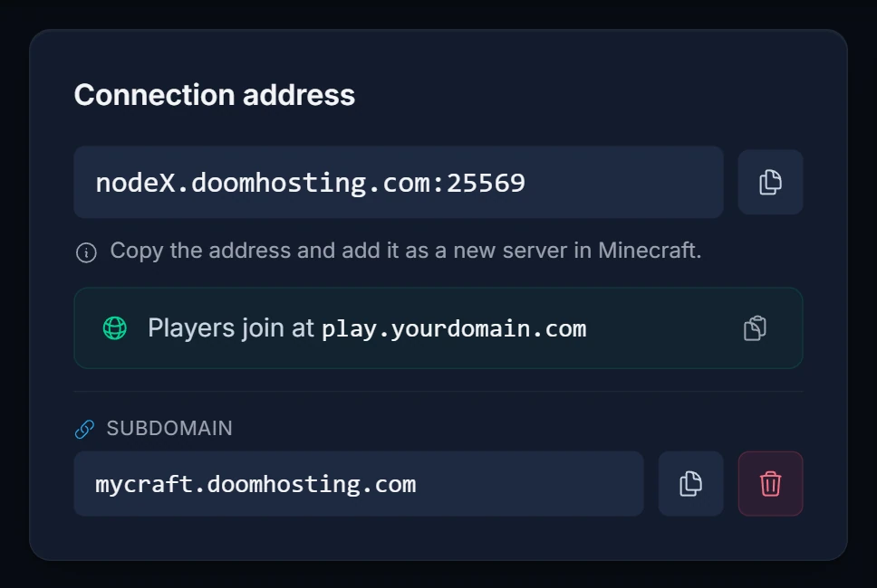 Connection address -kortti, jossa näkyy palvelimen host ja portti nodeX.doomhosting.com:25569