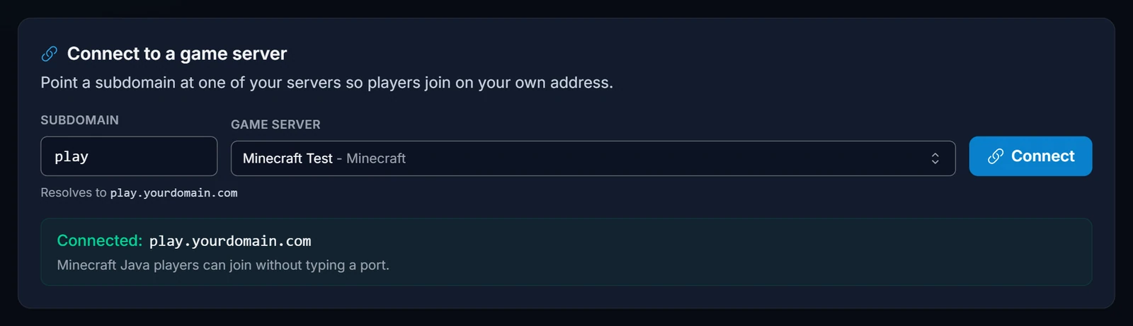 Connect to a game server -osio domainin sivulla, yhdistettynä Minecraft-palvelimeen osoitteella play.yourdomain.com