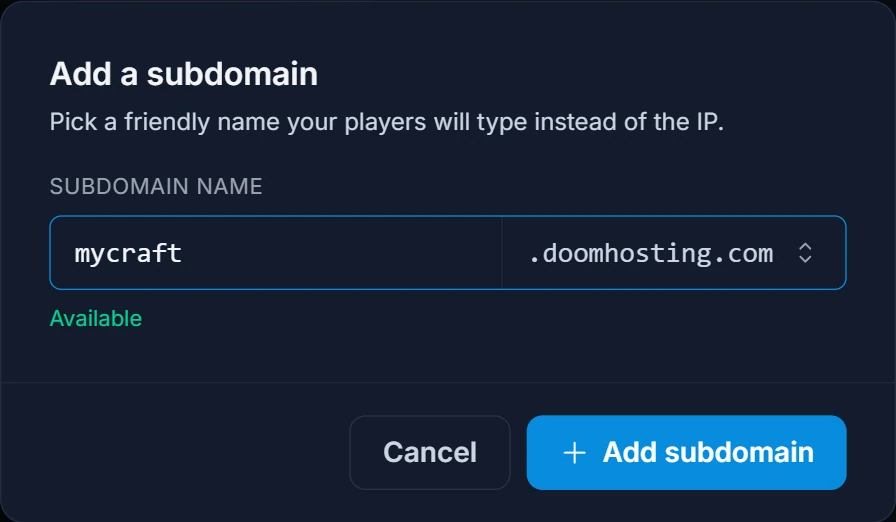 Add a subdomain -ikkuna, jossa nimi mycraft, pääte doomhosting.com ja Available-vahvistus