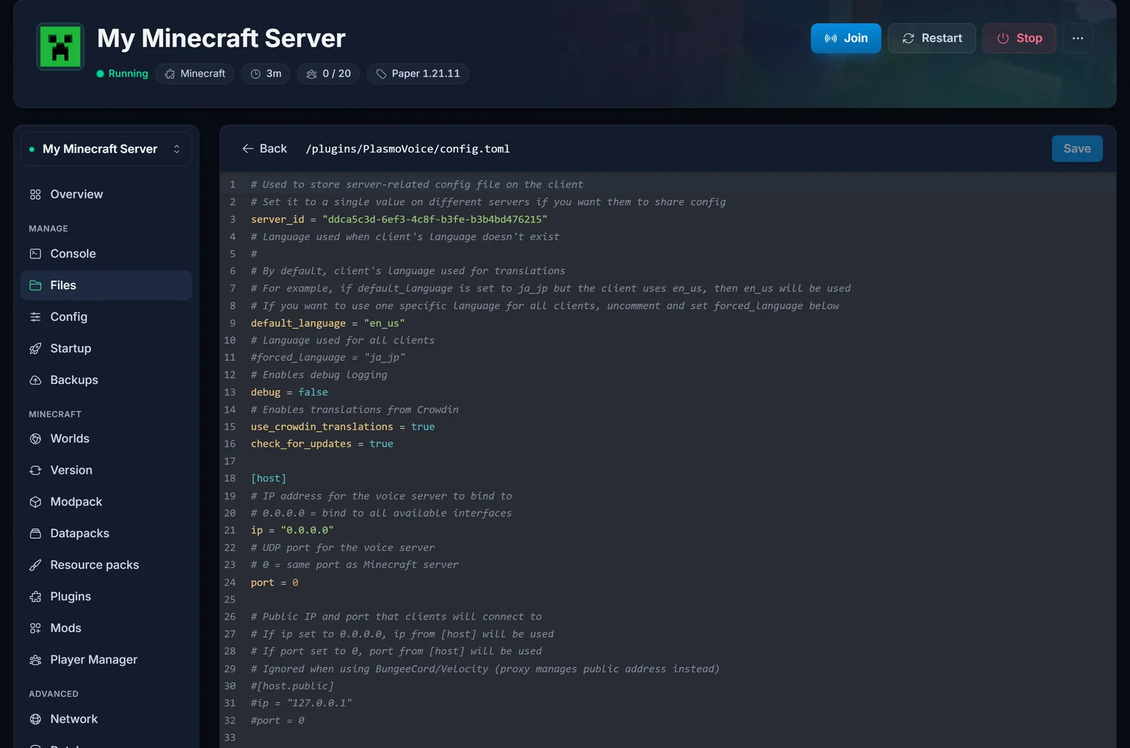 Plasmo Voices config.toml åbnet i panelets fileditor med port = 0 under sektionen host