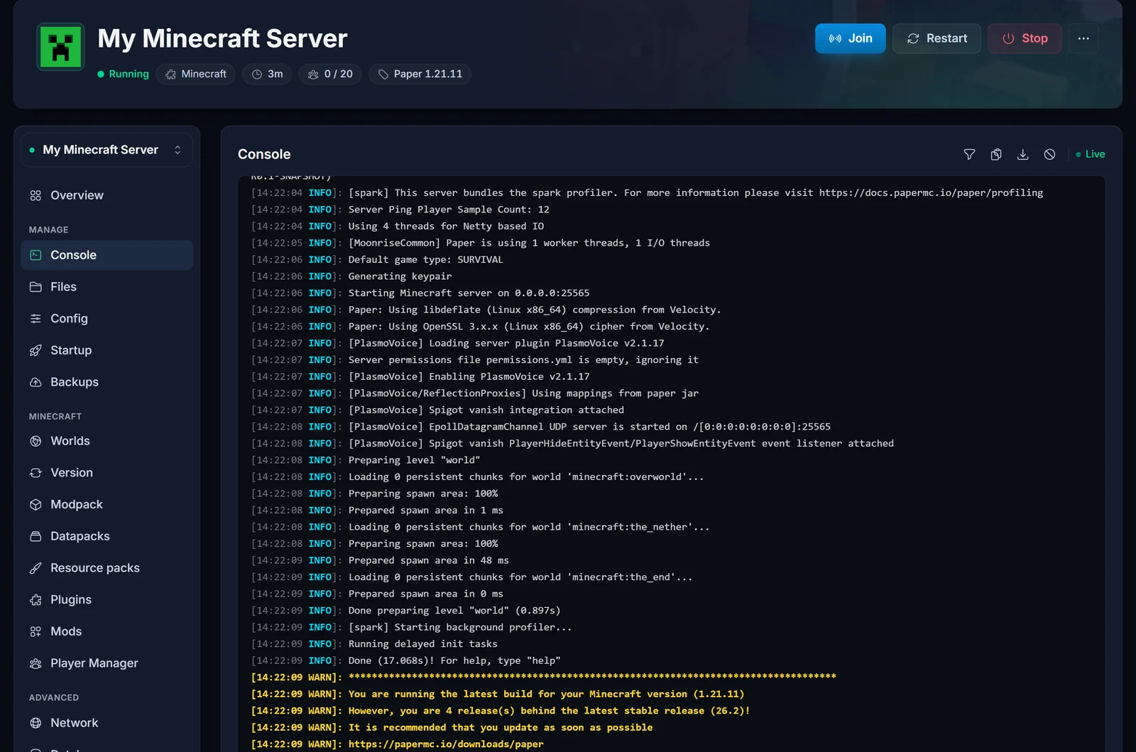 Panelets konsol med Plasmo Voice-linjen "UDP server is started", der slutter med serverens port