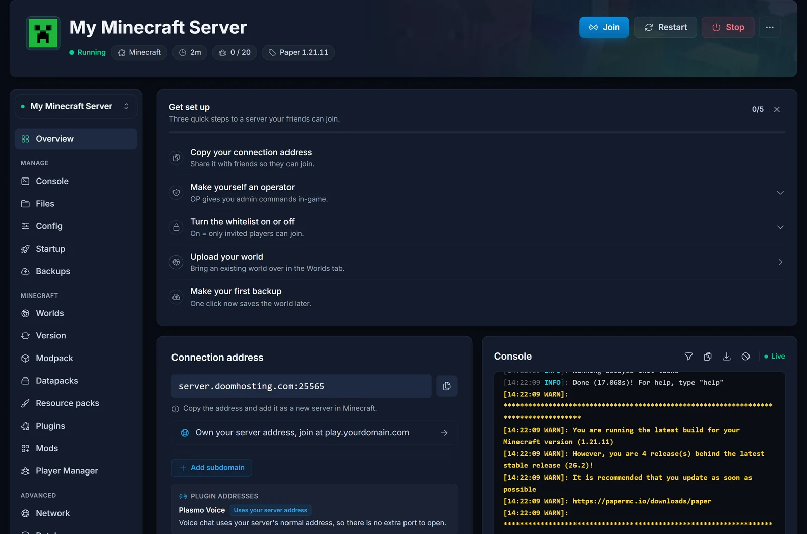 Oversigtssiden med kortet for plugin-adresser, der viser at Plasmo Voice bruger serverens adresse