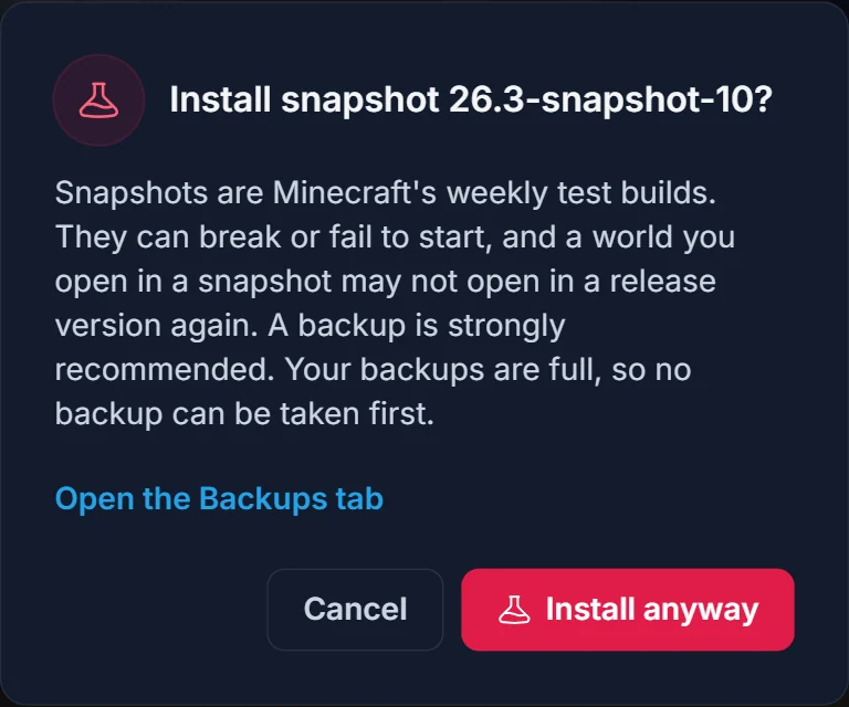 Okno potwierdzenia instalacji buildu snapshot Minecraft z ostrzeżeniem o formacie świata
