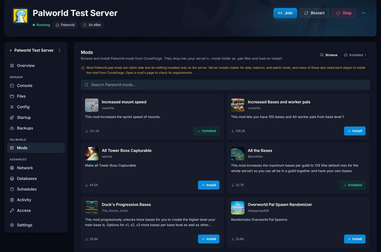 Der Palworld Mods-Tab: Mods aus CurseForge mit einem Klick durchsuchen und installieren