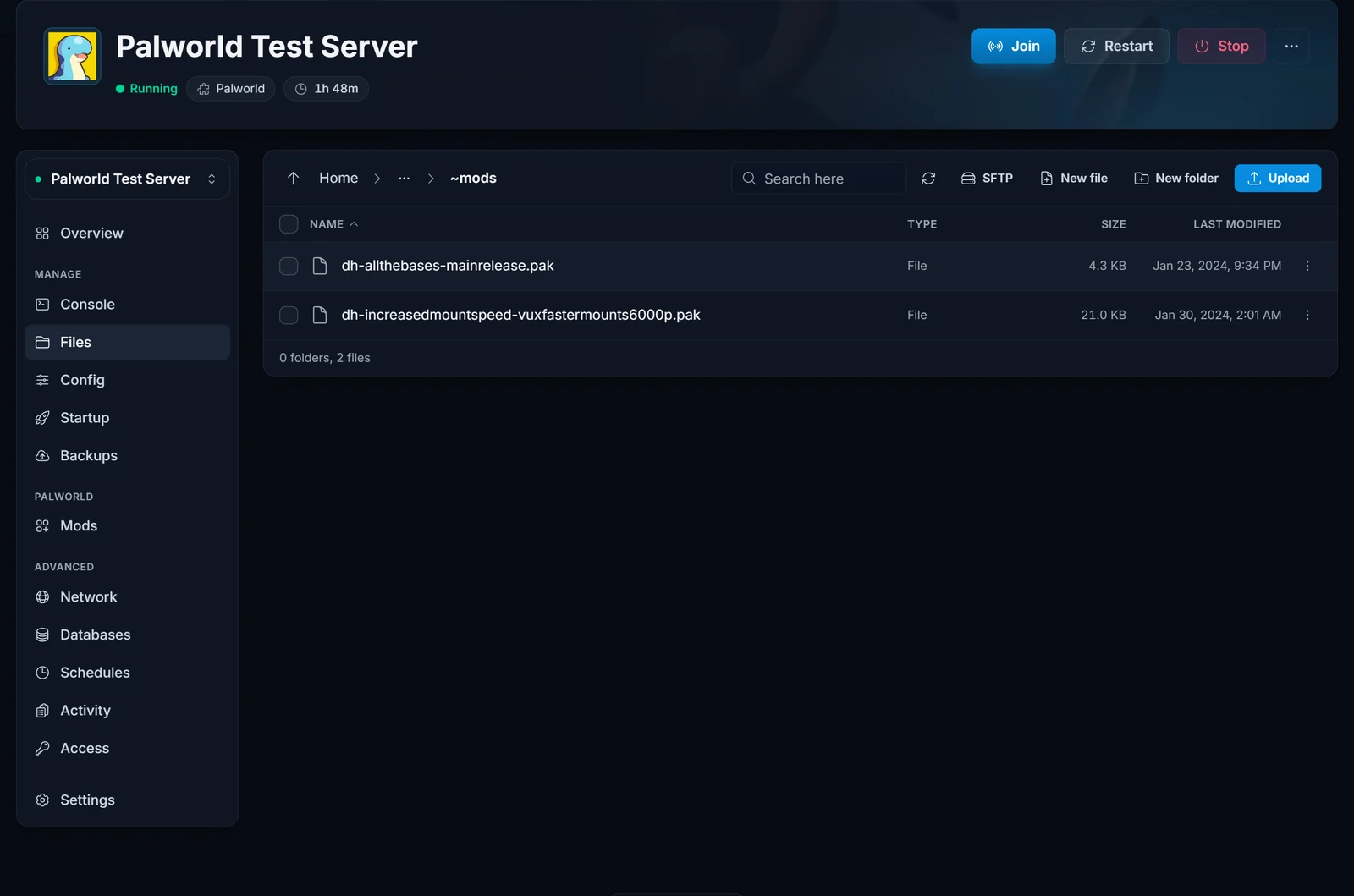 Der File Manager geöffnet bei Pal/Content/Paks/~mods