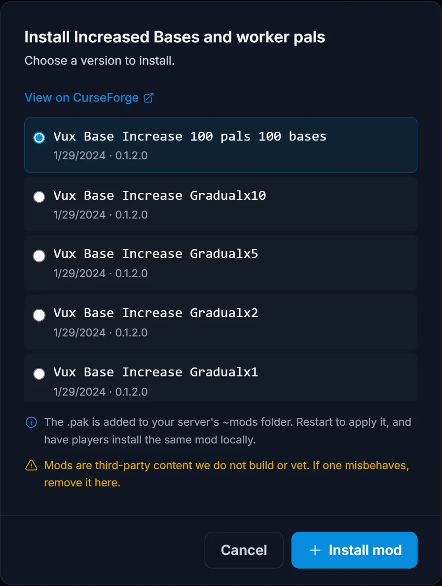 Auswahl einer Mod-Version im Installationsdialog