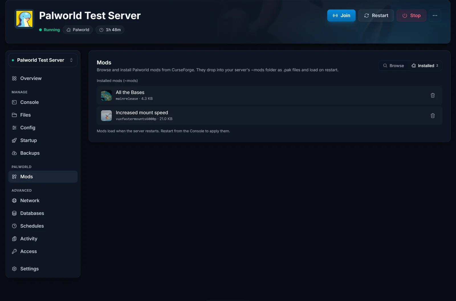 Der Installed-Tab listet verwaltete Mods mit Entfernen-Buttons auf