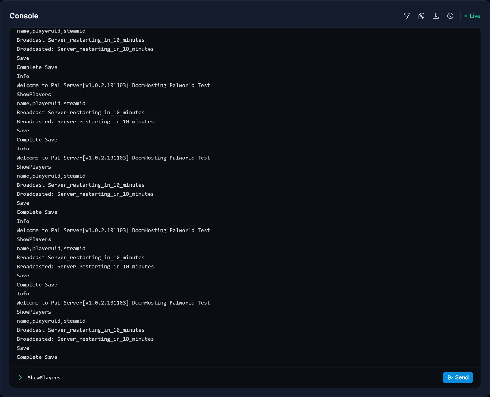 Die Console-Registerkarte eines Palworld-Servers mit der Ausgabe von Admin-Befehlen