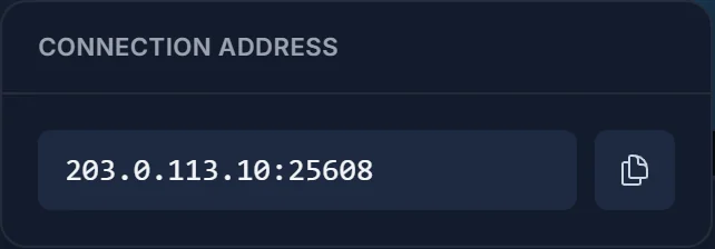 Das Join-Popover in der Panel-Kopfzeile mit der Palworld-Verbindungsadresse und Kopierbutton
