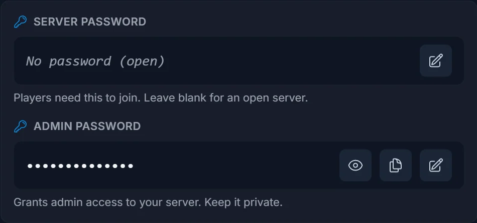 Die Karte mit Server- und Admin-Passwort auf dem Palworld Overview-Tab
