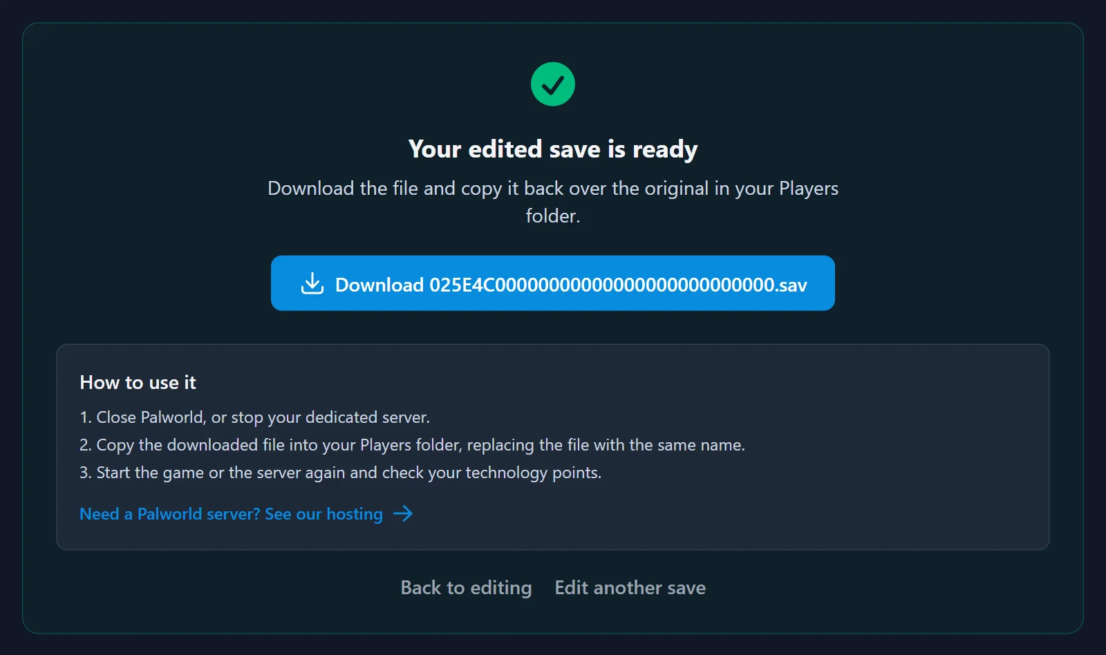 Der Download-Schritt mit der fertigen Spielstand-Datei und der Anleitung zum Zurückkopieren