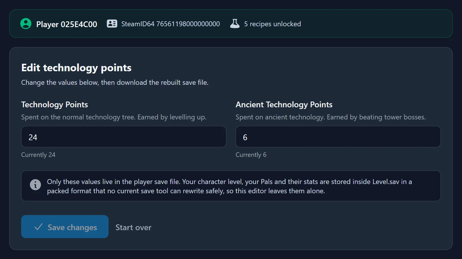 Der Editor zeigt Technologiepunkte, Ancient Technology Points und die Zahl freigeschalteter Rezepte