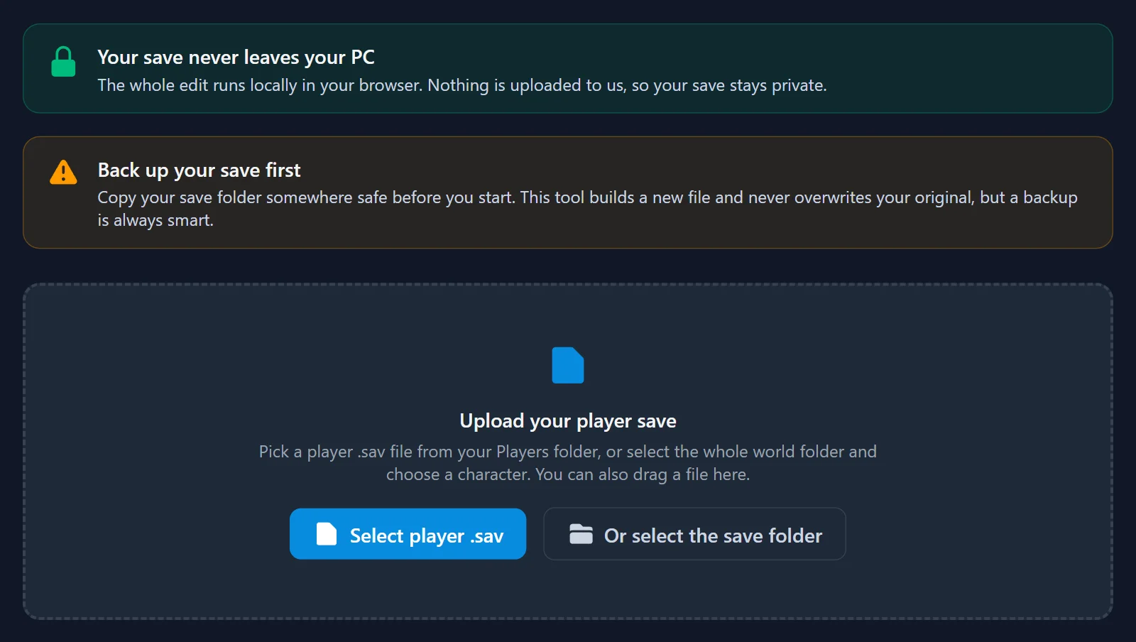 Der Upload-Bildschirm des Palworld Save Editors mit Datenschutzhinweis und Dateiauswahl