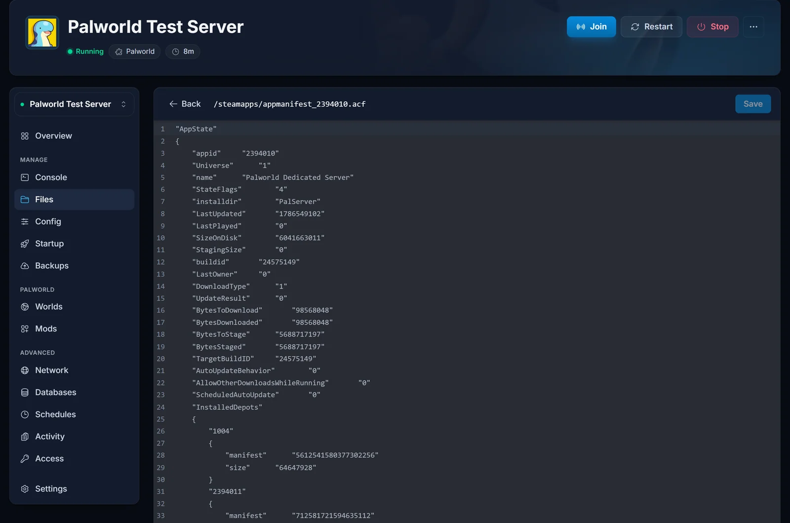 Palworldin Steam-manifest auki paneelin tiedostoeditorissa, näkyvissä buildid ja UpdateResult