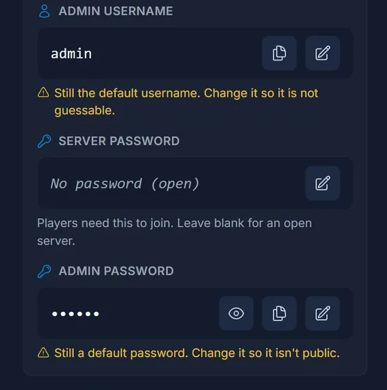 Admin username, server password et admin password sur la vue d'ensemble Project Zomboid dans le panneau DoomHosting