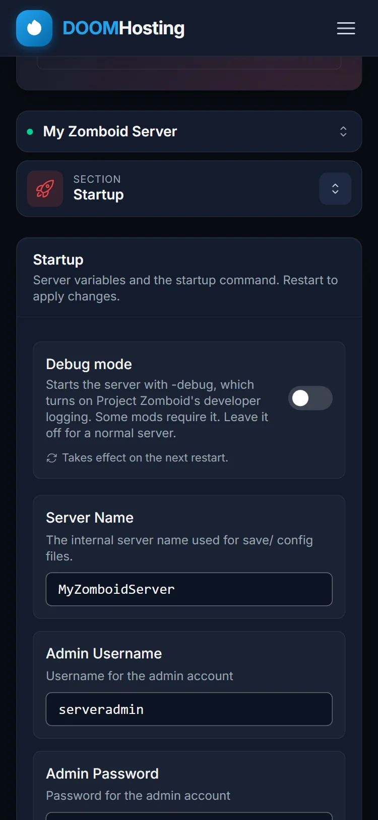 DoomHosting-panelen på en telefon, med Avsnitt-väljaren satt till Startup ovanför Debug mode-kortet