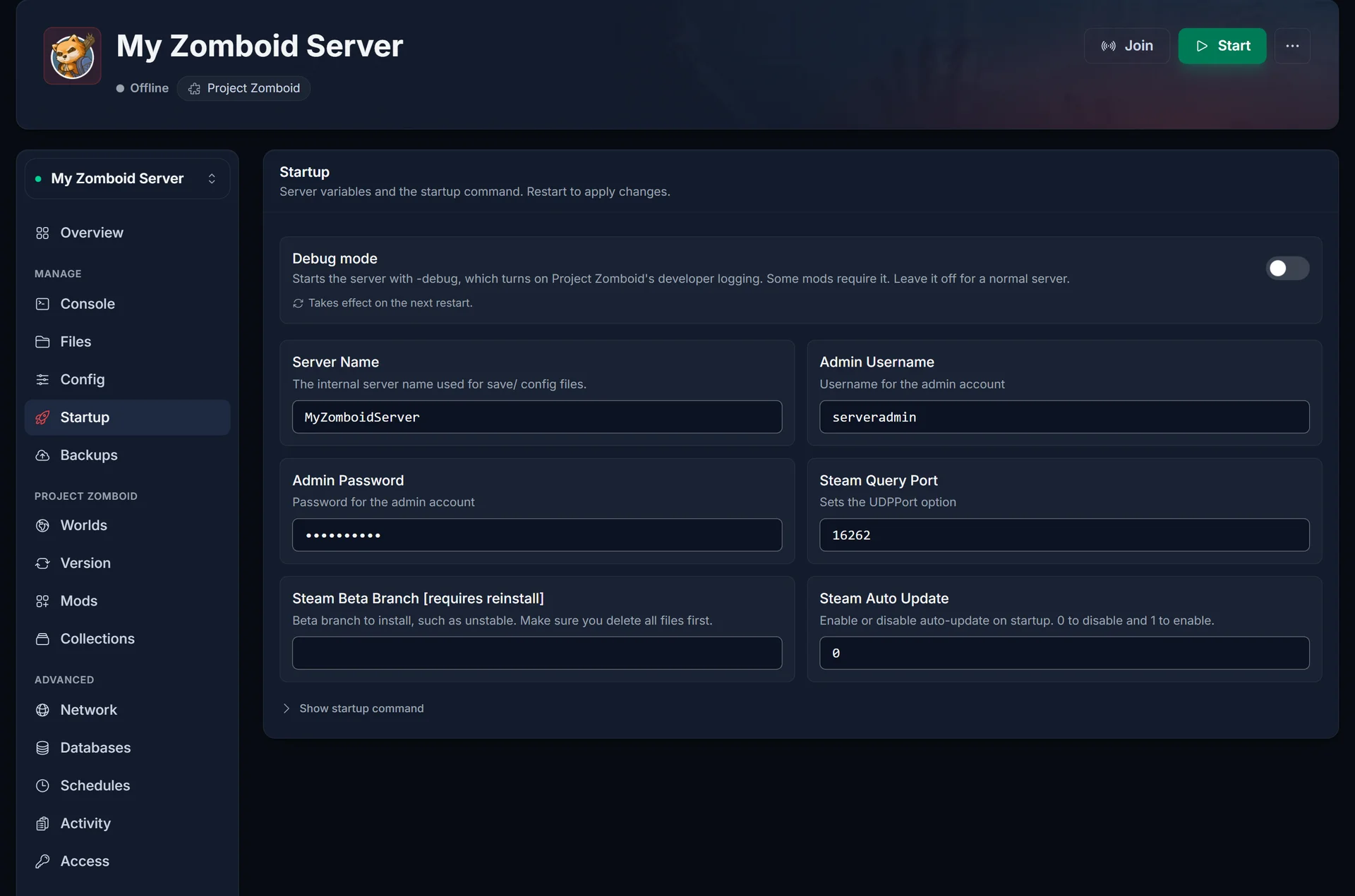 Startup-fliken på en Project Zomboid-server i DoomHostings kontrollpanel, med Debug mode-reglaget högst upp på sidan avstängt