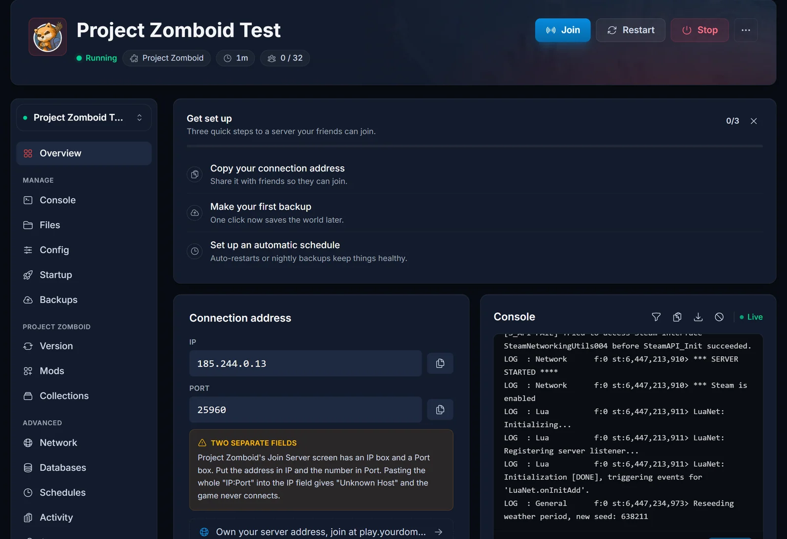Die Verbindungskarte für Project Zomboid im DoomHosting Panel mit IP und Port als zwei getrennt kopierbaren Feldern